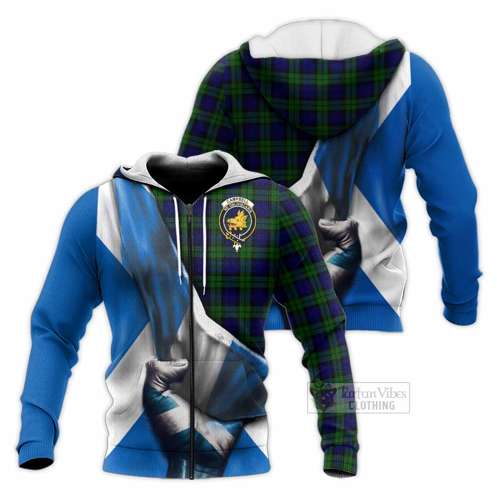 Tartan Vibes Clothing Campbell Tartan Knitted Hoodie with Family Crest Scotland Patriotic Style