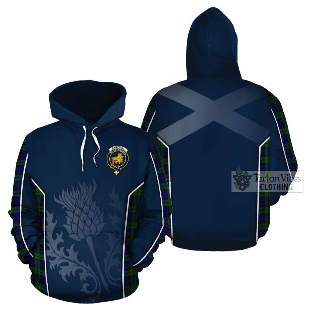 Tartan Vibes Clothing Campbell Tartan Cotton Hoodie with Family Crest and Scottish Thistle Vibes Sport Style