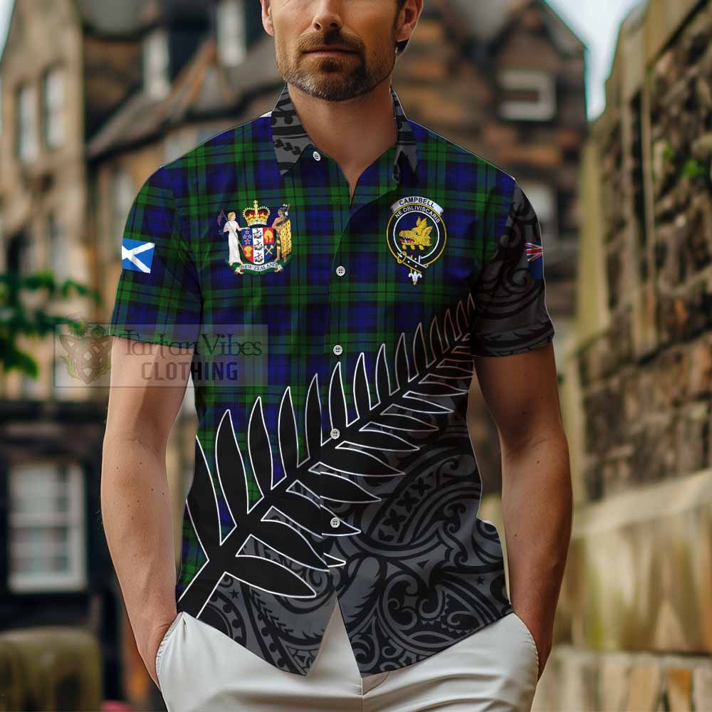 Tartan Vibes Clothing Campbell Crest Tartan Short Sleeve Button Shirt with New Zealand Silver Fern Half Style