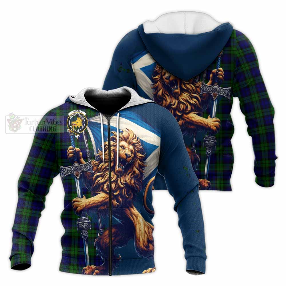 Tartan Vibes Clothing Campbell Tartan Family Crest Knitted Hoodie with Scottish Majestic Lion