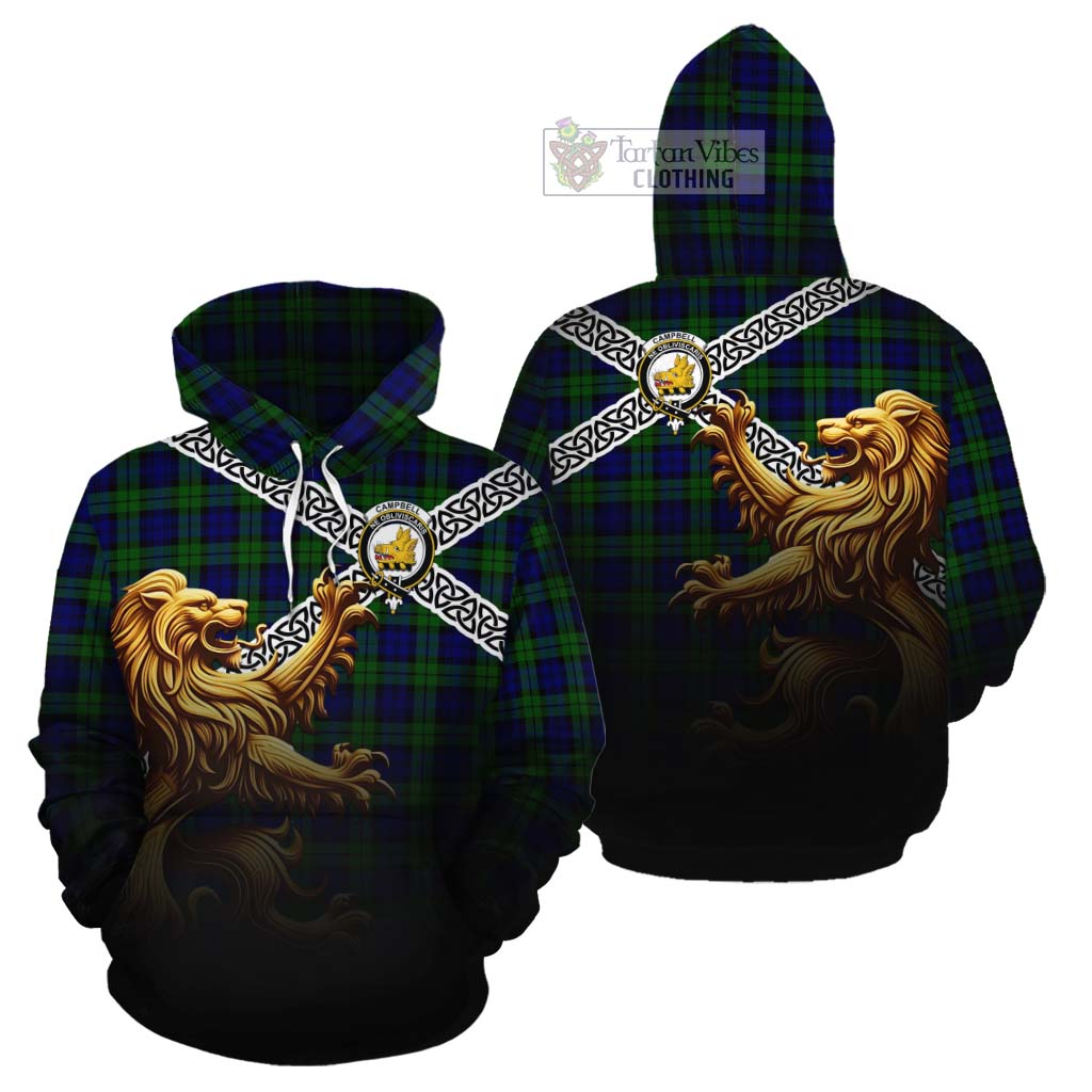 Campbell Crest Tartan Cotton Hoodie with Golden Lion Emblem Celtic Style - Tartan Vibes Clothing