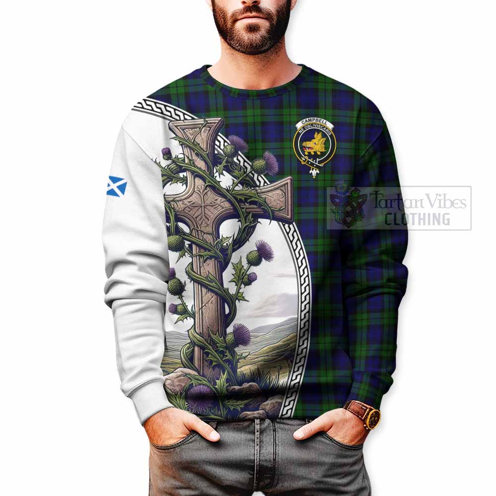 Tartan Vibes Clothing Campbell Tartan Sweatshirt with Family Crest and St. Andrew's Cross Accented by Thistle Vines