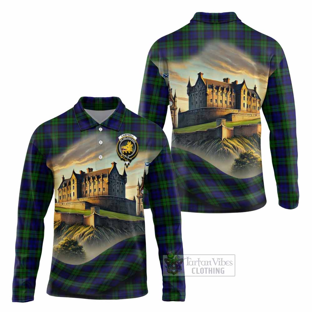Campbell Tartan Family Crest Long Sleeve Polo Shirt with Scottish Ancient Castle Style - Tartan Vibes Clothing