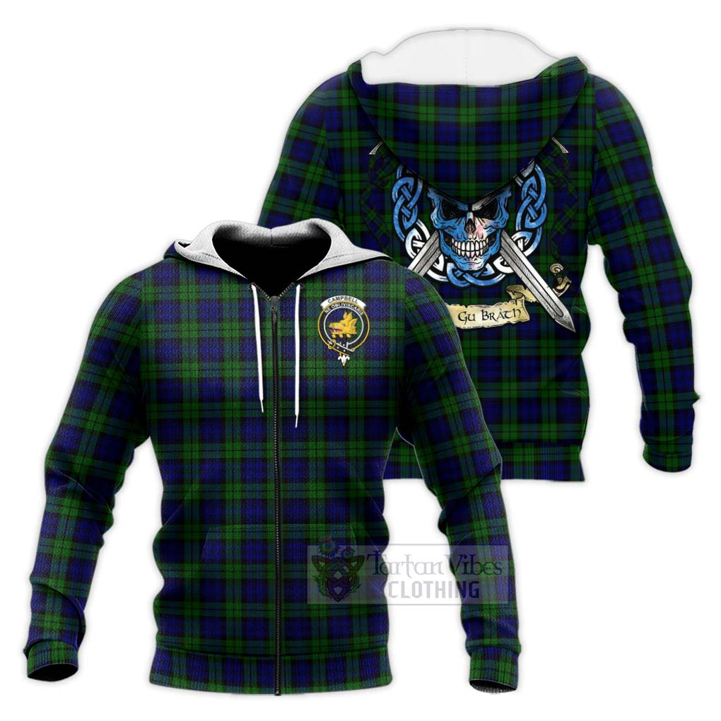 Tartan Vibes Clothing Campbell Tartan Knitted Hoodie with Family Crest Celtic Skull Style