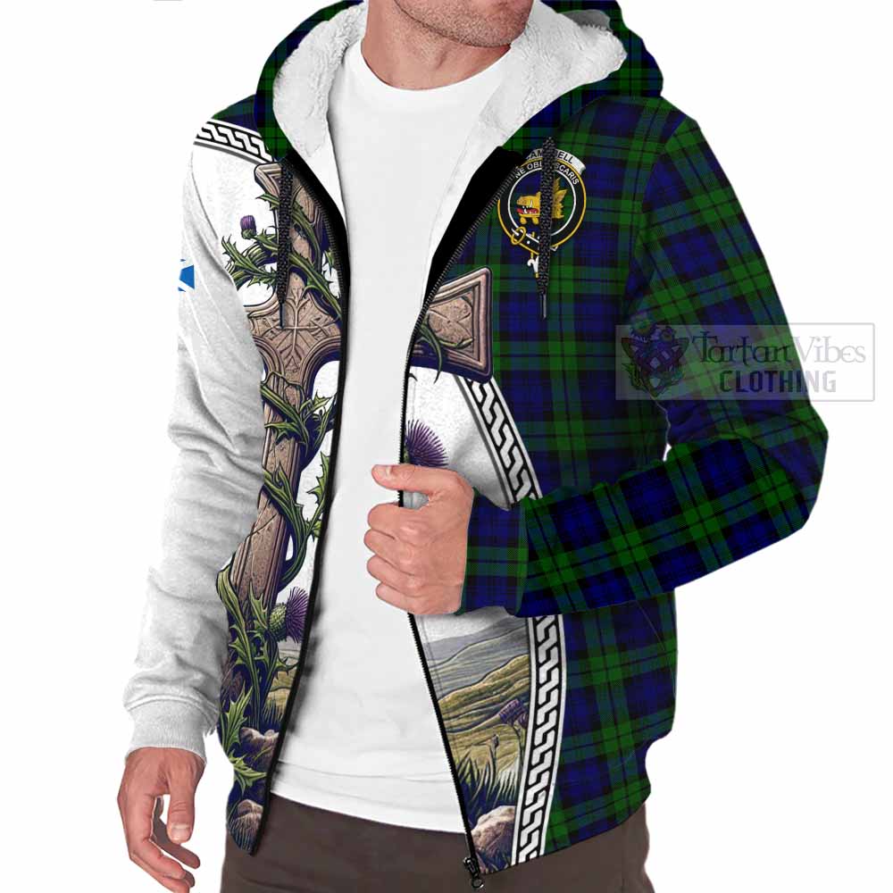 Tartan Vibes Clothing Campbell Tartan Sherpa Hoodie with Family Crest and St. Andrew's Cross Accented by Thistle Vines