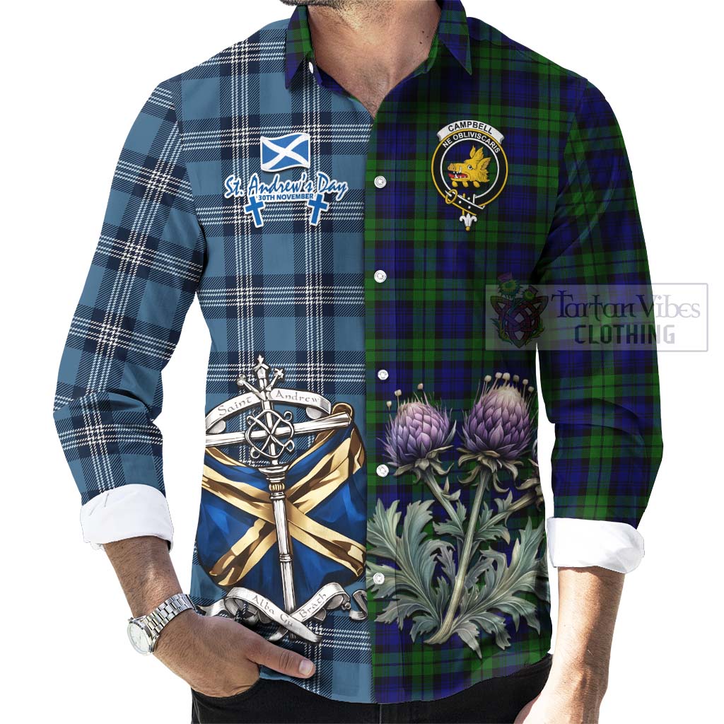 Tartan Vibes Clothing Campbell Tartan Long Sleeve Button Shirt Happy St. Andrew's Day Half Tartan Style