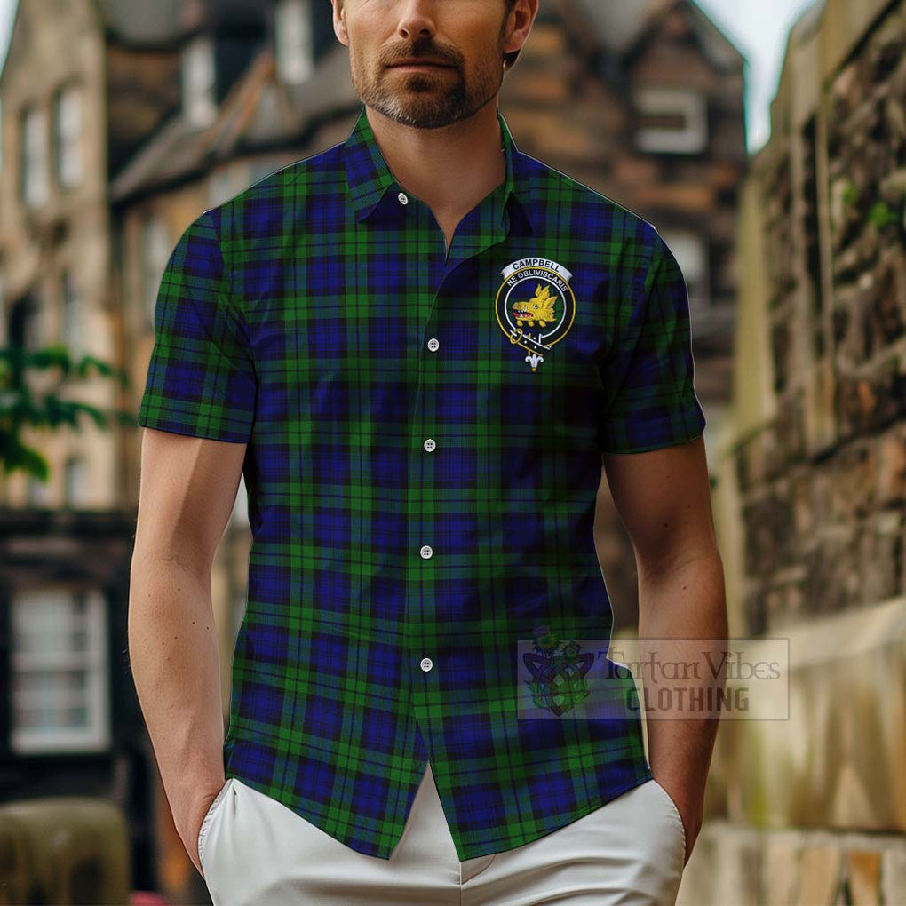 Tartan Vibes Clothing Campbell Tartan Short Sleeve Button Shirt with Family Crest and Bearded Skull Holding Bottles of Whiskey