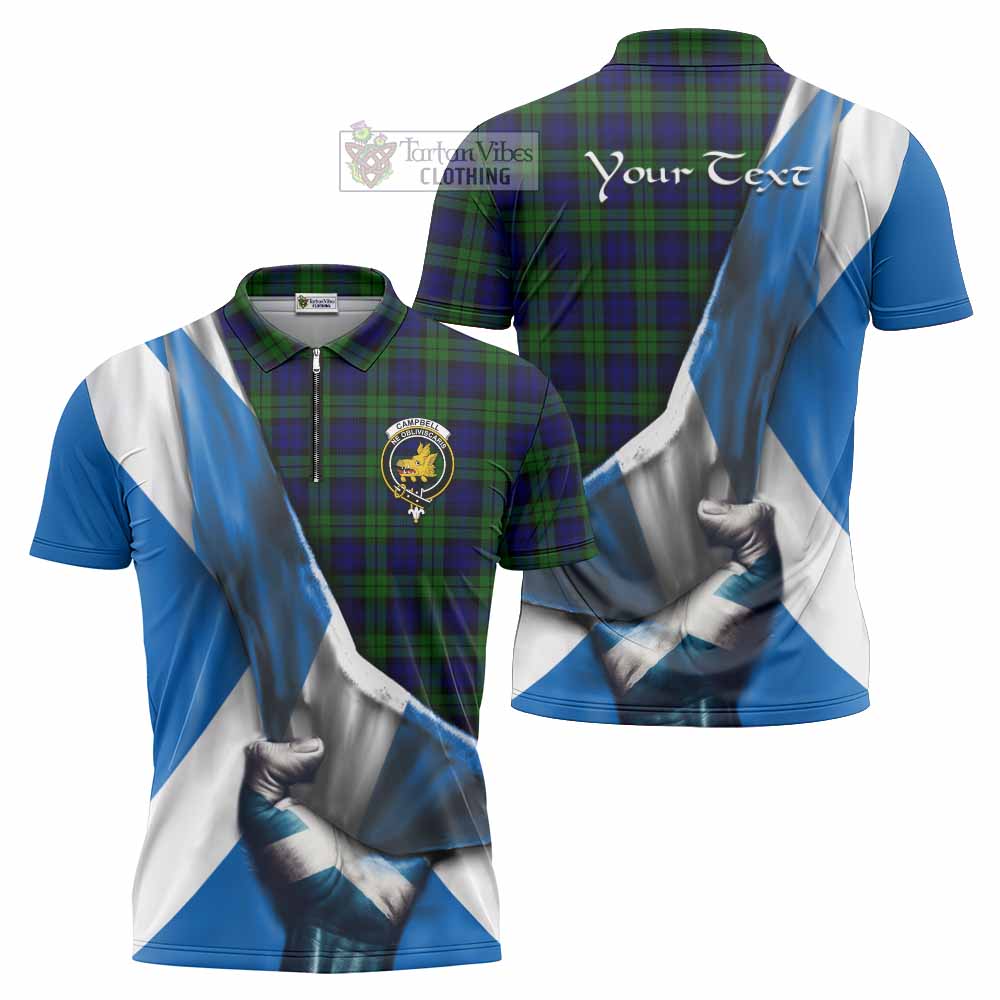 Tartan Vibes Clothing Campbell Tartan Zipper Polo Shirt with Family Crest Scotland Patriotic Style