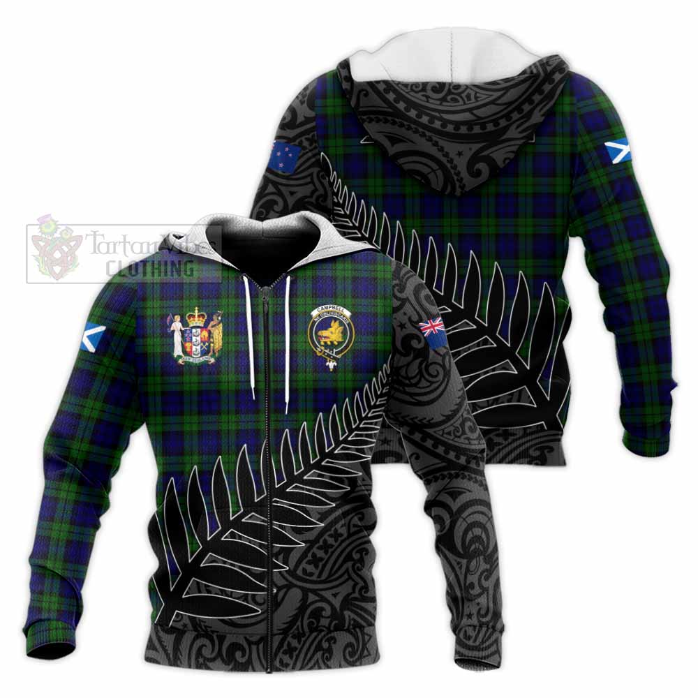 Tartan Vibes Clothing Campbell Crest Tartan Knitted Hoodie with New Zealand Silver Fern Half Style