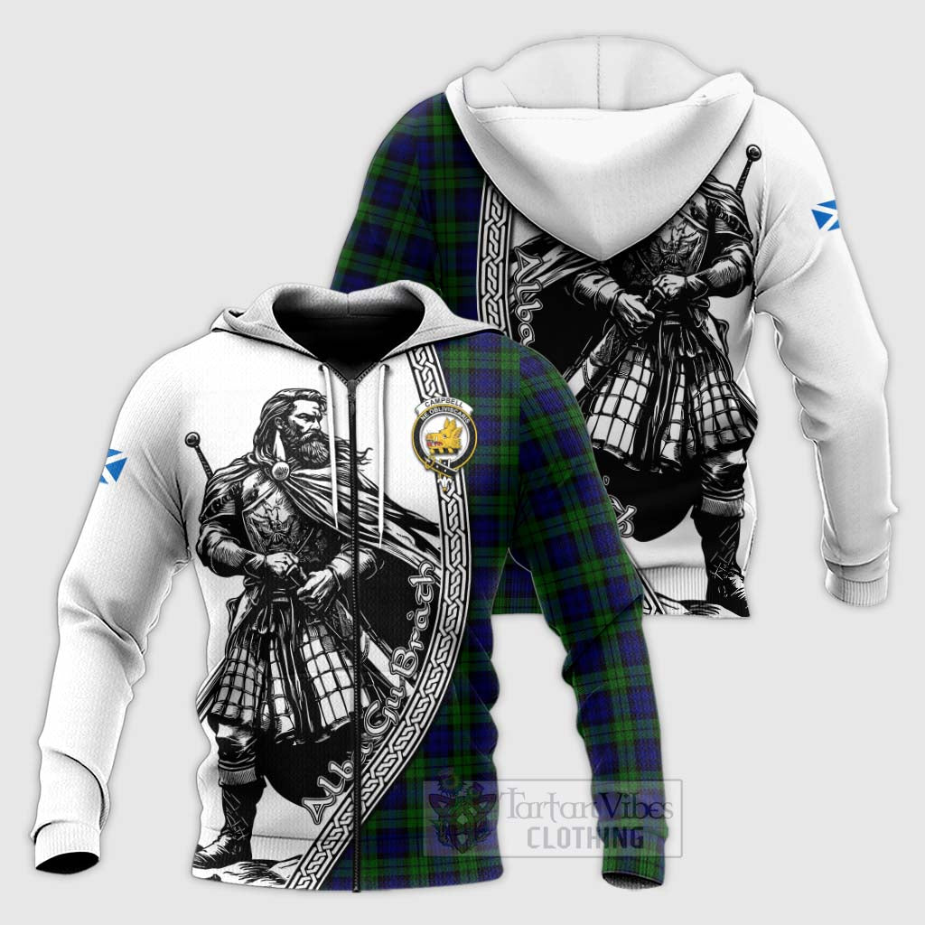 Tartan Vibes Clothing Campbell Tartan Clan Crest Knitted Hoodie with Highlander Warrior Celtic Style