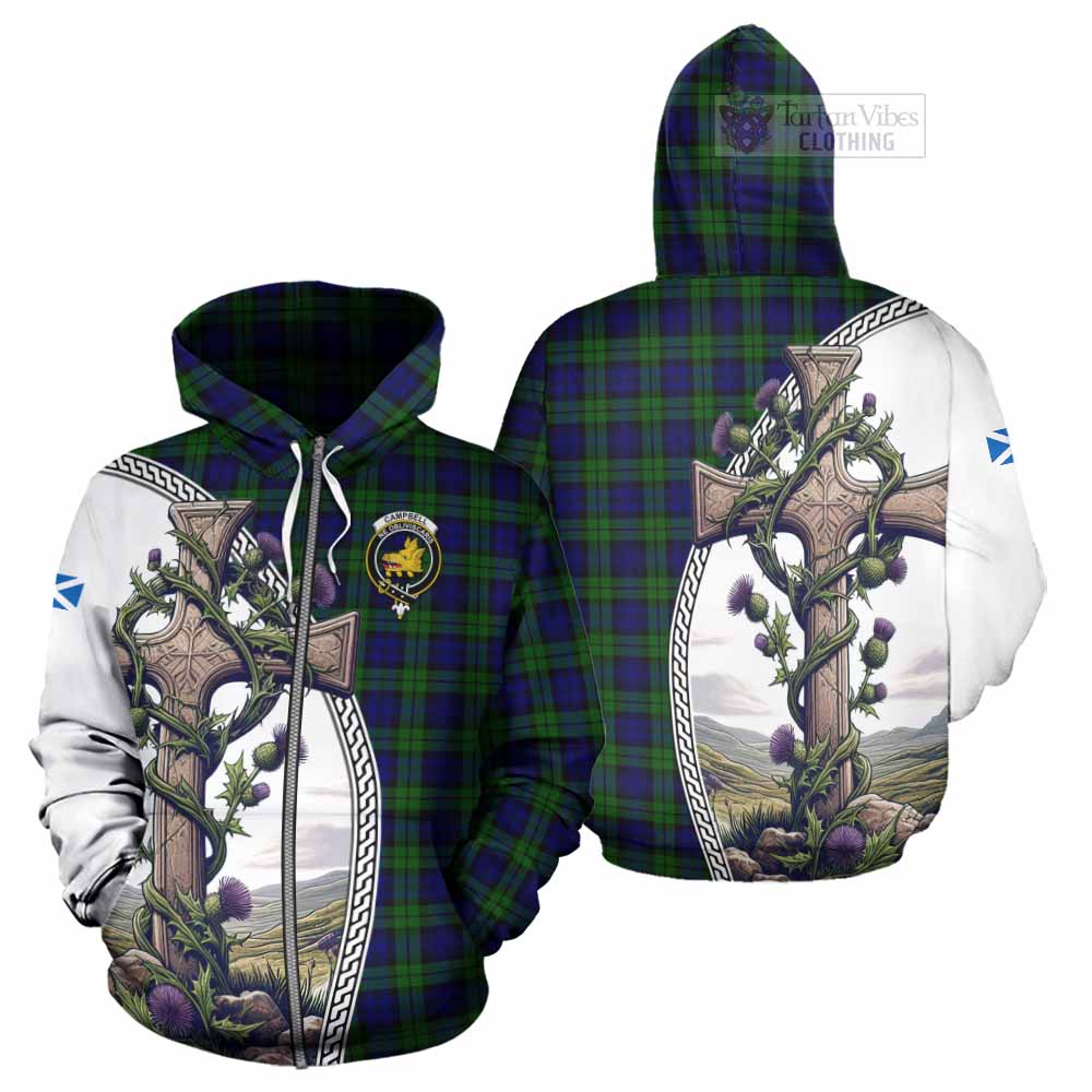 Tartan Vibes Clothing Campbell Tartan Hoodie with Family Crest and St. Andrew's Cross Accented by Thistle Vines