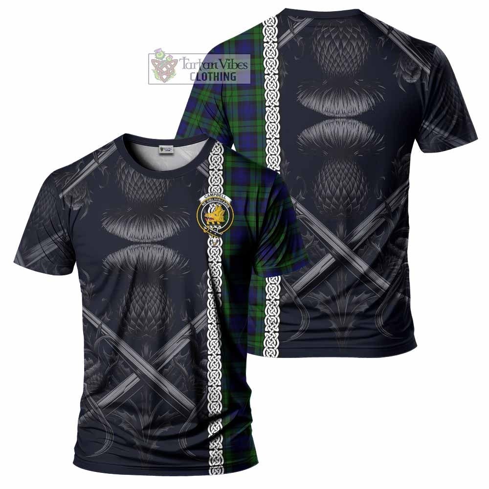 Tartan Vibes Clothing Campbell Tartan T-Shirt with Family Crest Cross Sword Thistle Celtic Vibes