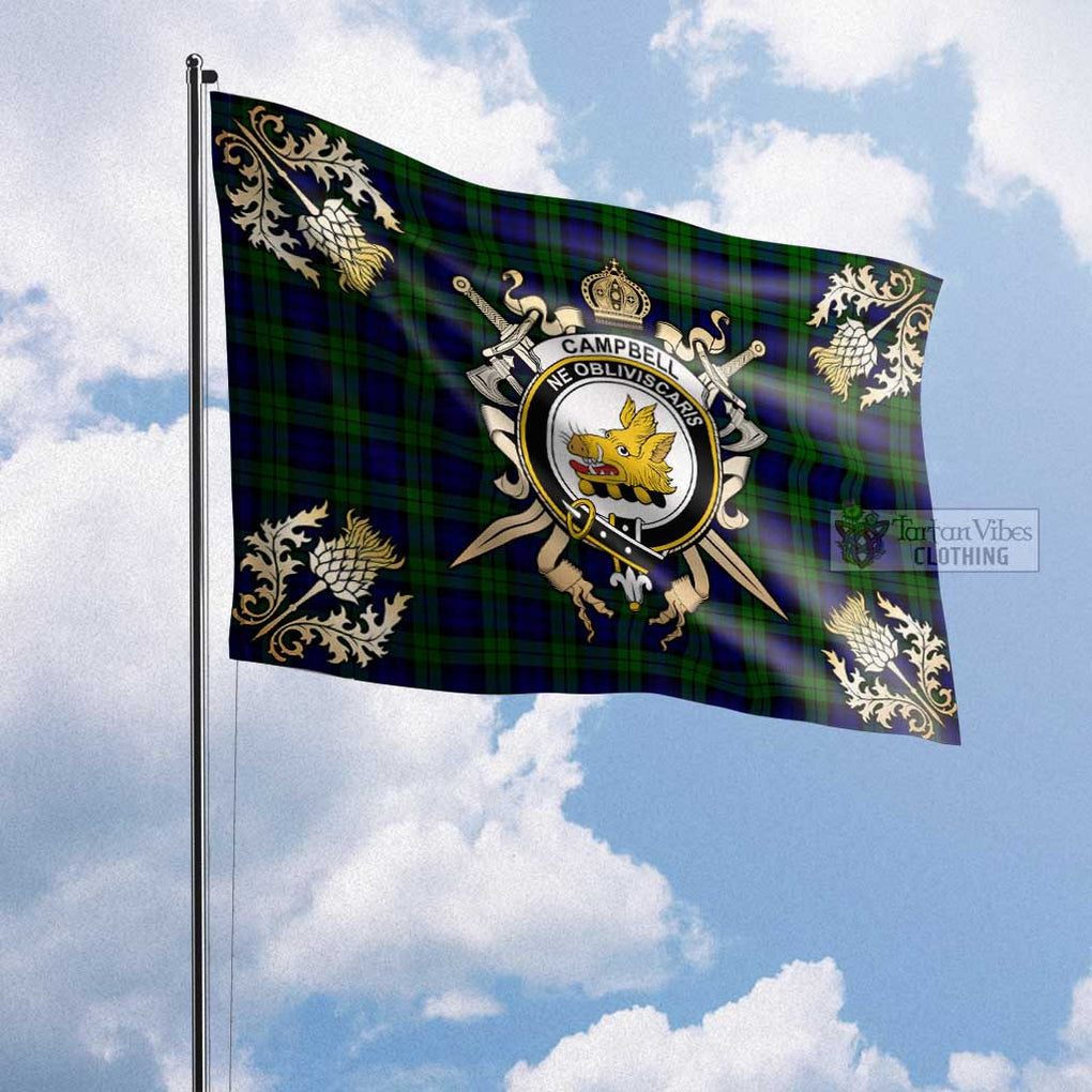 Tartan Vibes Clothing Campbell Tartan Flag with Family Crest and Golden Thistle Crossed Sword Design