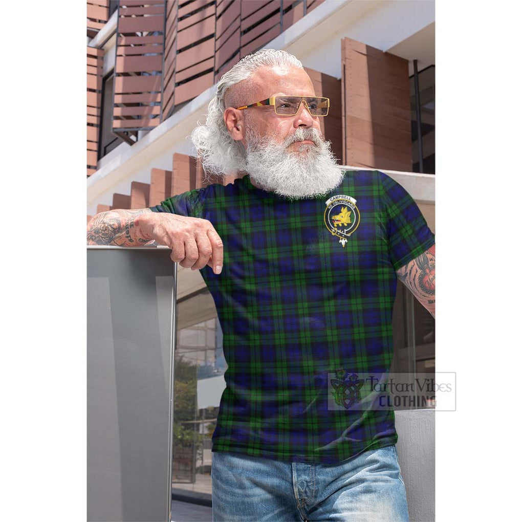 Tartan Vibes Clothing Campbell Tartan Cotton T-shirt with Family Crest and Bearded Skull Holding Bottles of Whiskey