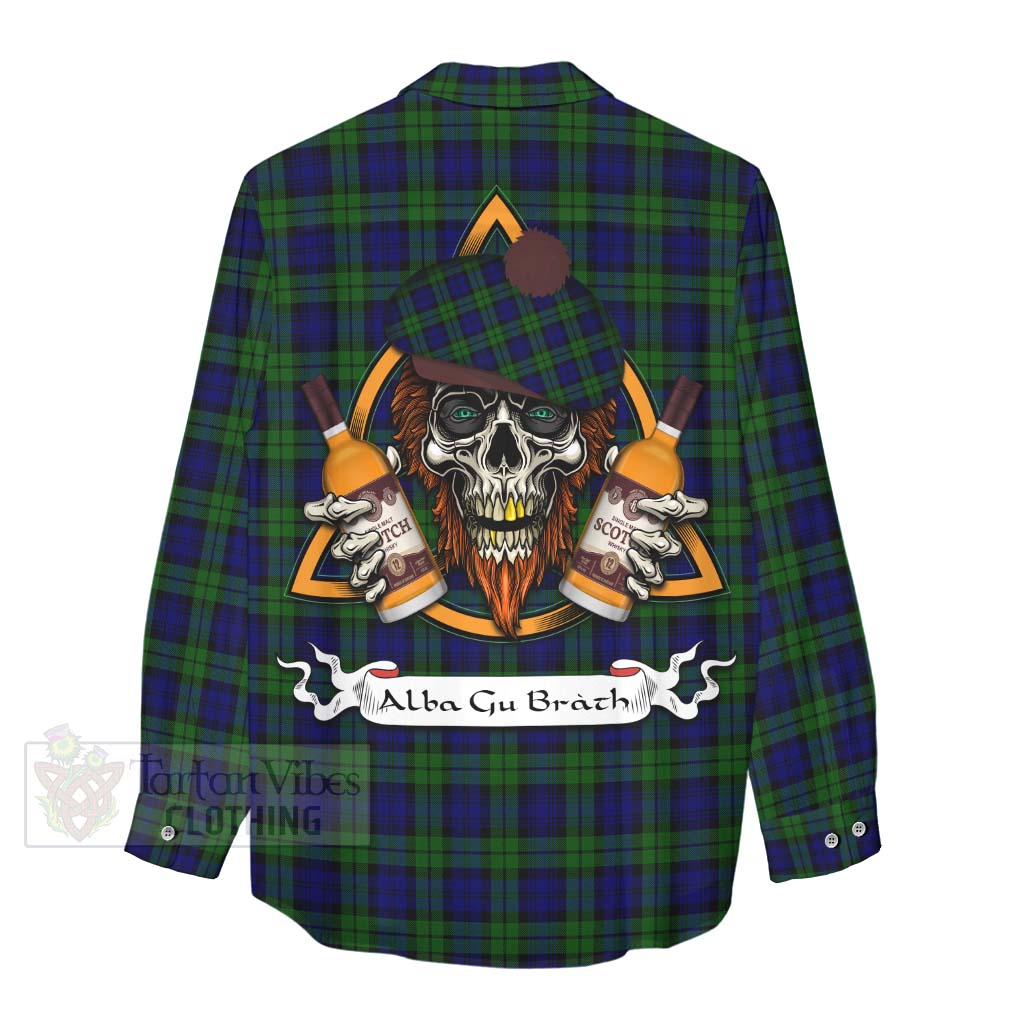 Tartan Vibes Clothing Campbell Tartan Women's Casual Shirt with Family Crest and Bearded Skull Holding Bottles of Whiskey