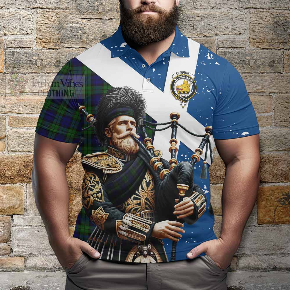 Tartan Vibes Clothing Campbell Tartan Polo Shirt with Family Crest Scottish Bagpiper Vibes