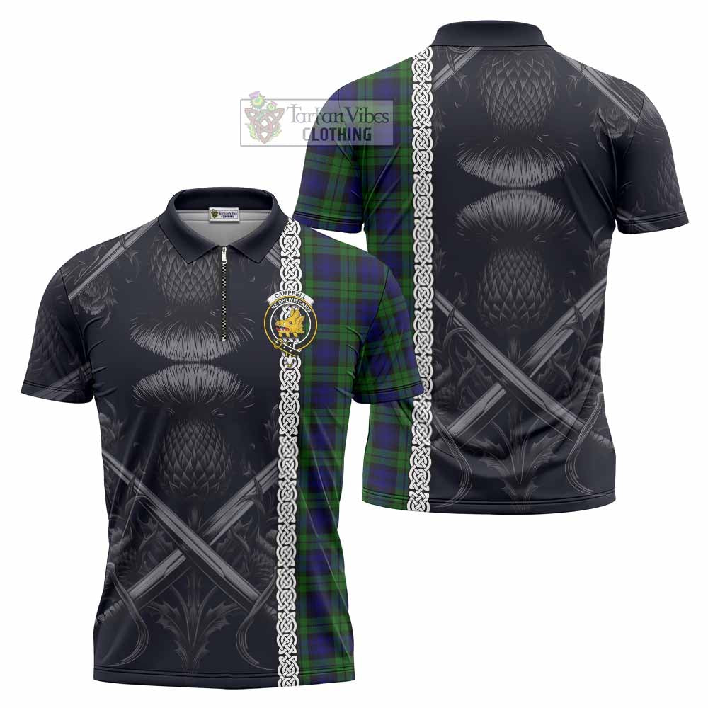 Tartan Vibes Clothing Campbell Tartan Zipper Polo Shirt with Family Crest Cross Sword Thistle Celtic Vibes