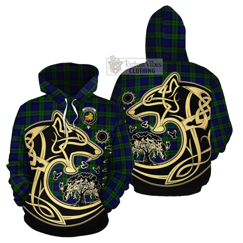 Tartan Vibes Clothing Campbell Tartan Cotton Hoodie with Family Crest Celtic Wolf Style