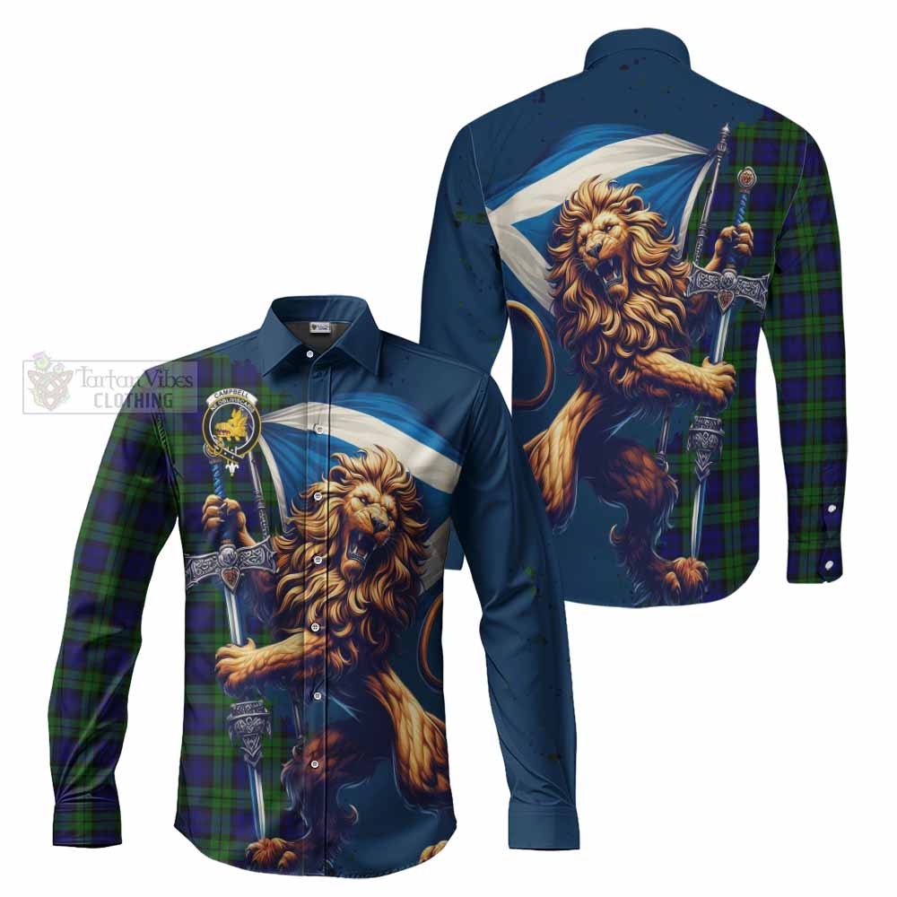 Tartan Vibes Clothing Campbell Tartan Family Crest Long Sleeve Button Shirt with Scottish Majestic Lion