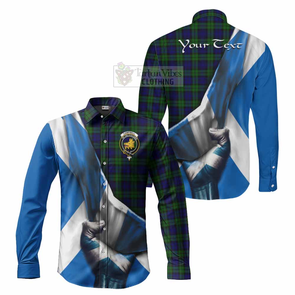 Tartan Vibes Clothing Campbell Tartan Long Sleeve Button Shirt with Family Crest Scotland Patriotic Style