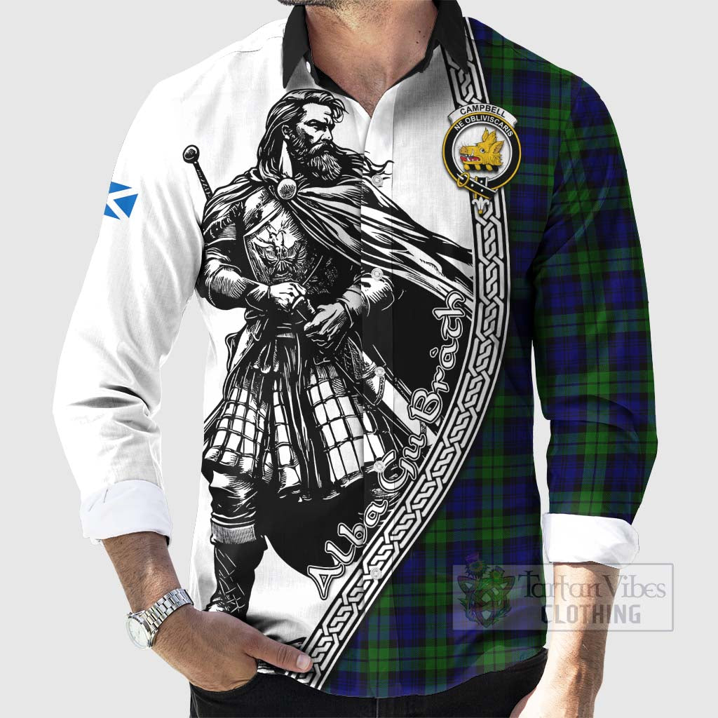 Tartan Vibes Clothing Campbell Tartan Clan Crest Long Sleeve Button Shirt with Highlander Warrior Celtic Style