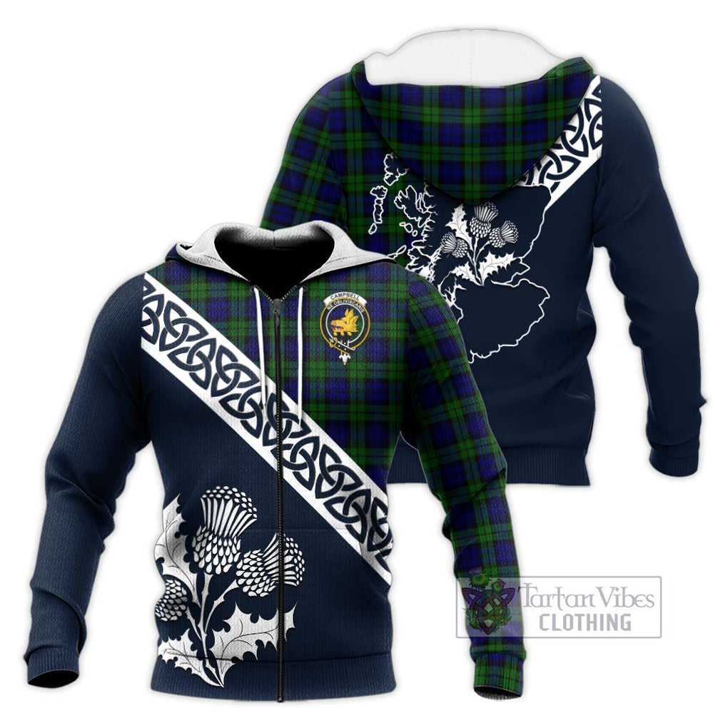 Tartan Vibes Clothing Campbell Tartan Knitted Hoodie Featuring Thistle and Scotland Map