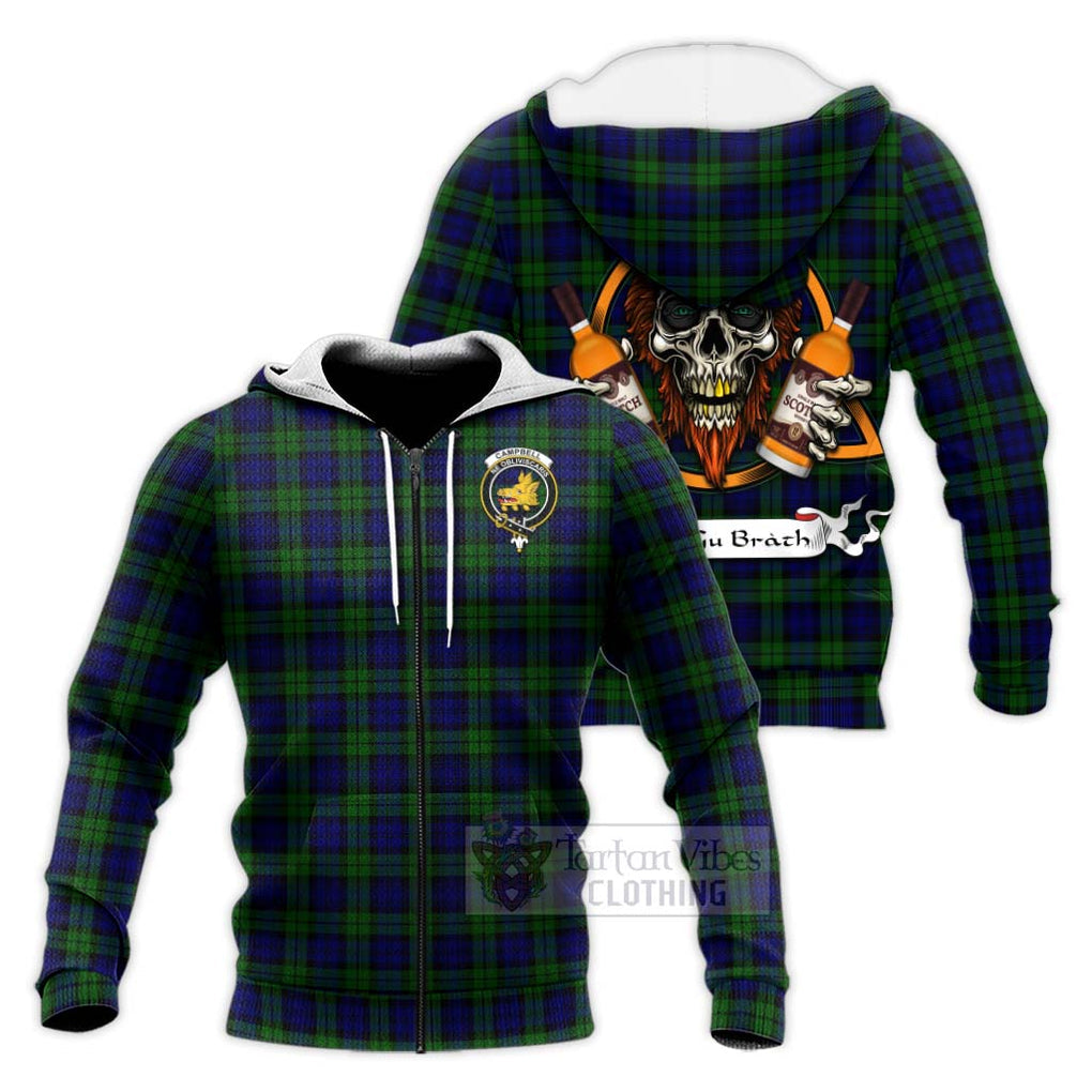 Tartan Vibes Clothing Campbell Tartan Knitted Hoodie with Family Crest and Bearded Skull Holding Bottles of Whiskey