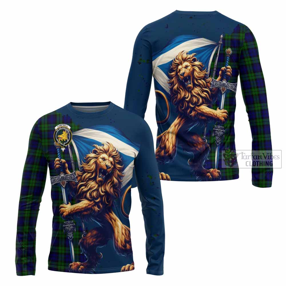 Tartan Vibes Clothing Campbell Tartan Family Crest Long Sleeve T-Shirt with Scottish Majestic Lion