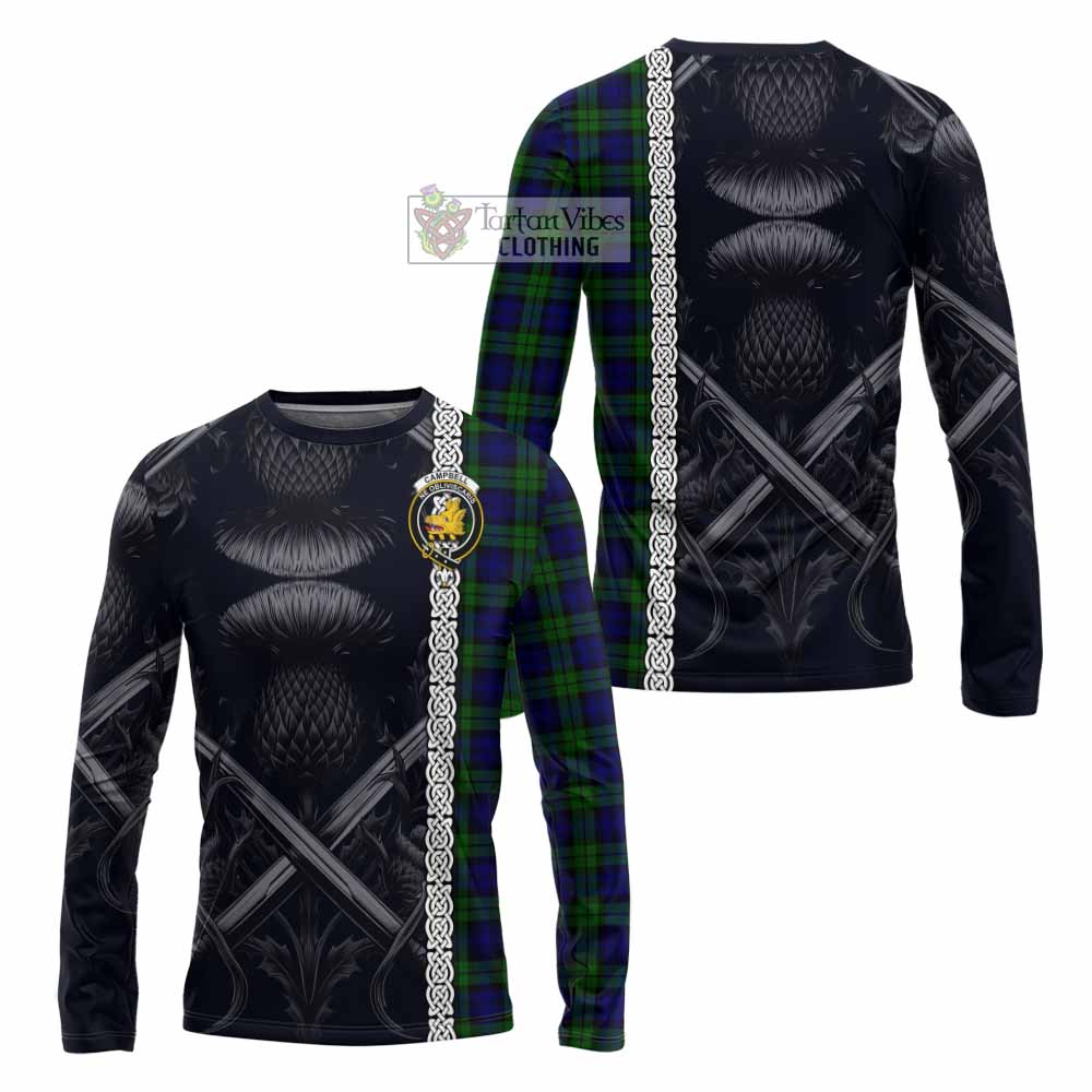 Tartan Vibes Clothing Campbell Tartan Long Sleeve T-Shirt with Family Crest Cross Sword Thistle Celtic Vibes