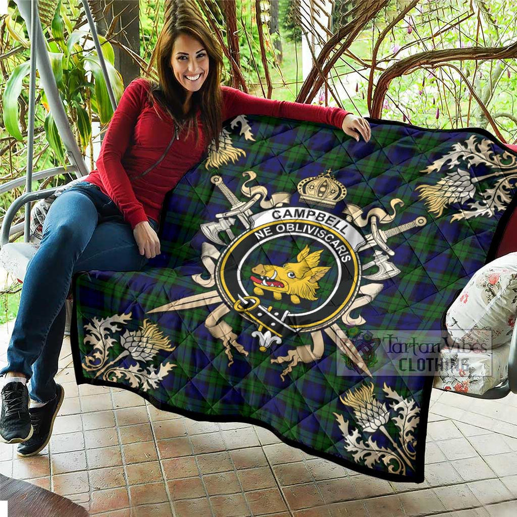 Tartan Vibes Clothing Campbell Tartan Quilt with Family Crest and Scottish Golden Courage Shield