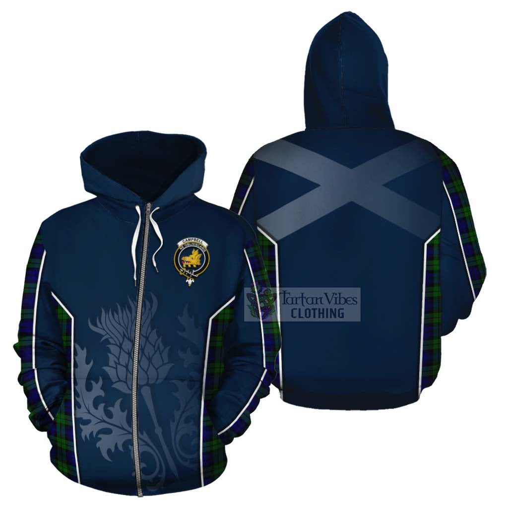 Tartan Vibes Clothing Campbell Tartan Cotton Hoodie with Family Crest and Scottish Thistle Vibes Sport Style