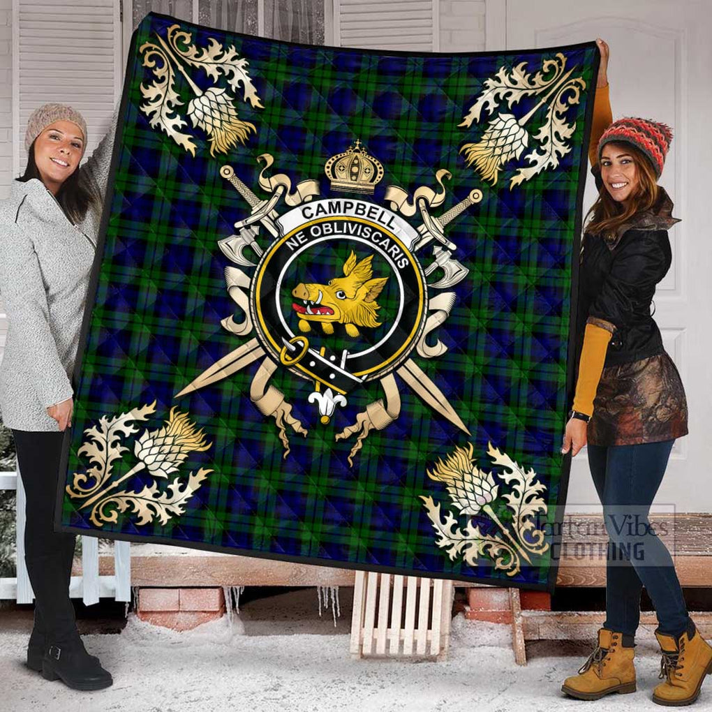 Tartan Vibes Clothing Campbell Tartan Quilt with Family Crest and Scottish Golden Courage Shield