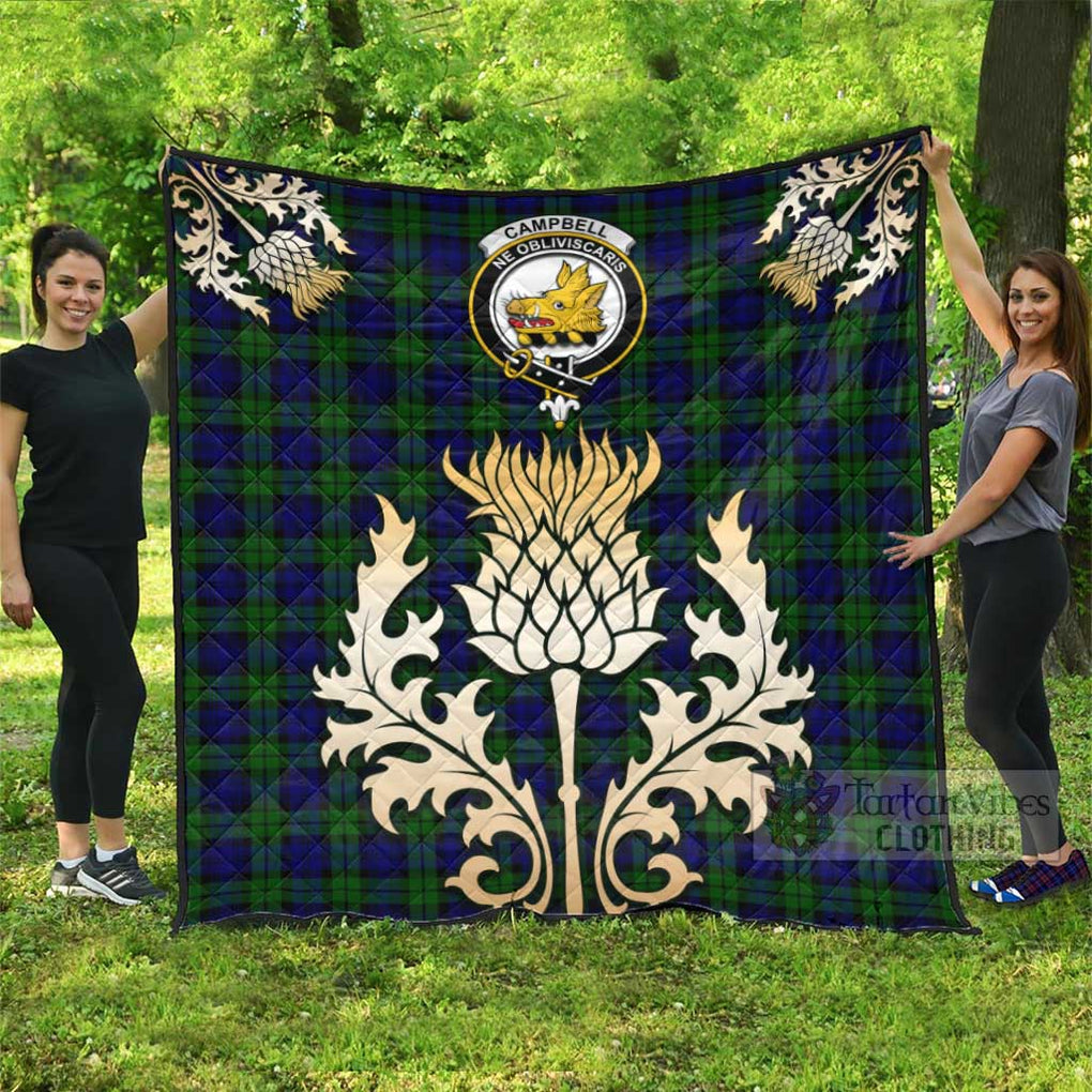 Tartan Vibes Clothing Campbell Tartan Quilt with Family Crest and Golden Thistle Style