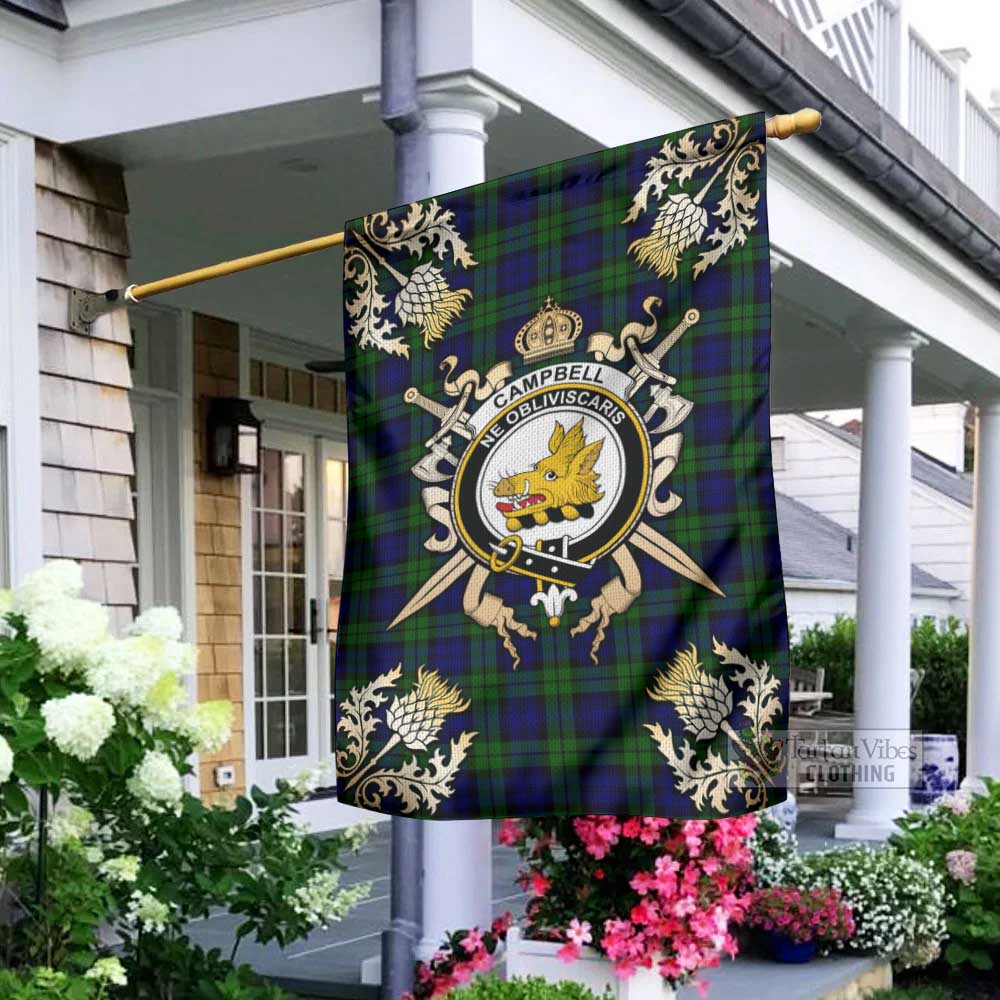 Tartan Vibes Clothing Campbell Tartan Flag with Family Crest and Golden Thistle Crossed Sword Design