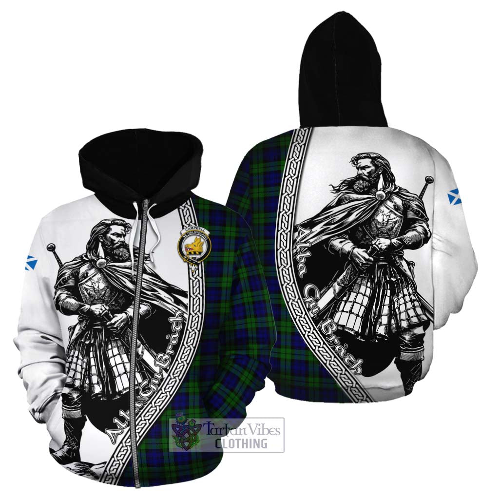 Tartan Vibes Clothing Campbell Tartan Clan Crest Cotton Hoodie with Highlander Warrior Celtic Style