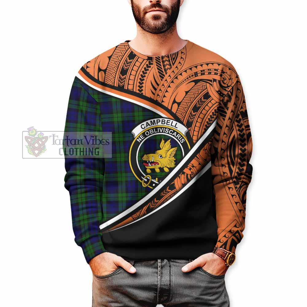 Tartan Vibes Clothing Campbell Crest Tartan Sweatshirt with Maori Tattoo Style - Orange Version