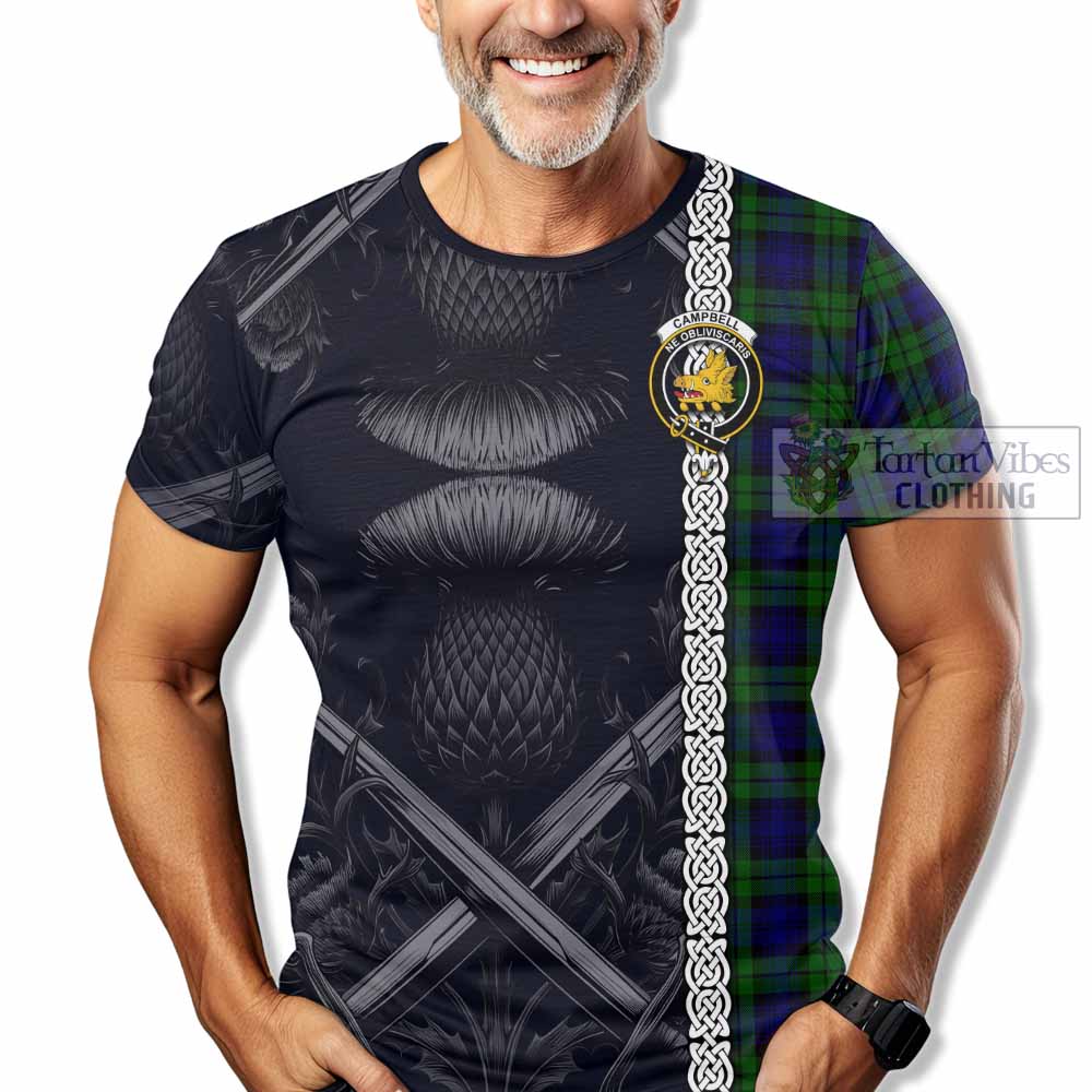 Tartan Vibes Clothing Campbell Tartan T-Shirt with Family Crest Cross Sword Thistle Celtic Vibes