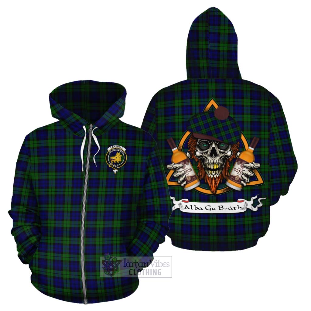 Tartan Vibes Clothing Campbell Tartan Cotton Hoodie with Family Crest and Bearded Skull Holding Bottles of Whiskey