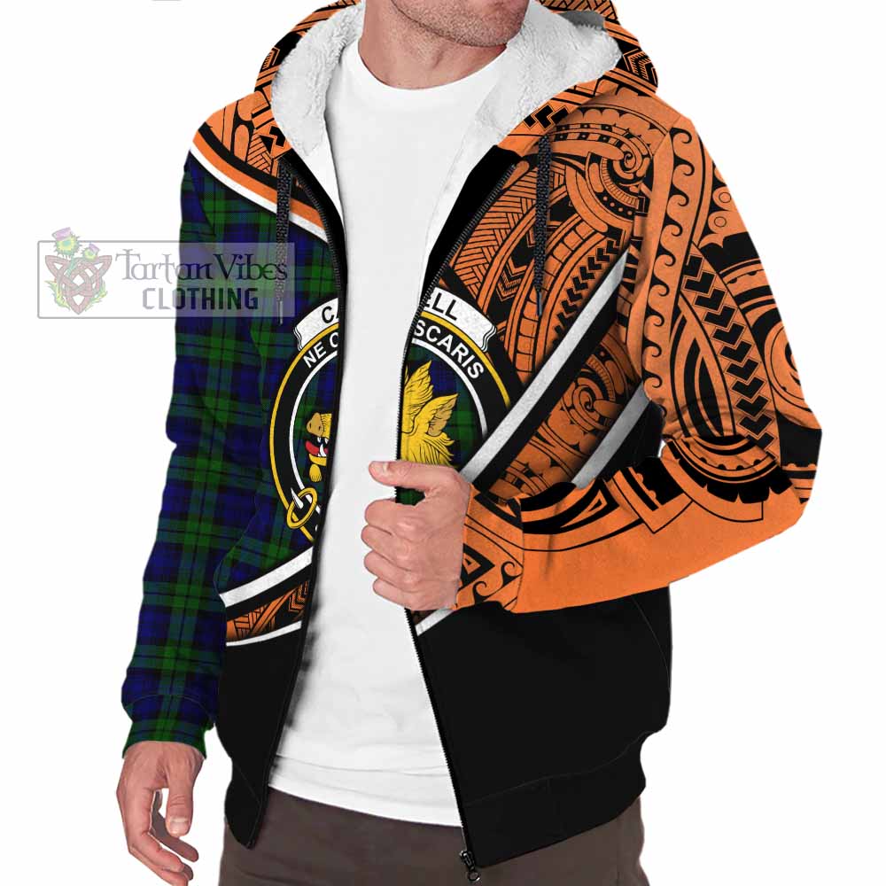 Tartan Vibes Clothing Campbell Crest Tartan Sherpa Hoodie with Maori Tattoo Style - Orange Version