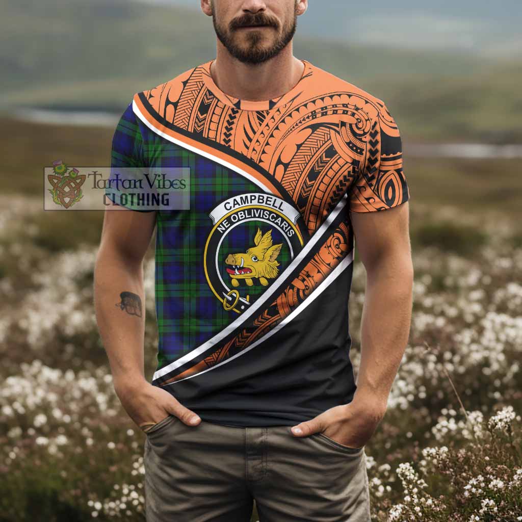 Tartan Vibes Clothing Campbell Crest Tartan T-Shirt with Maori Tattoo Style - Orange Version