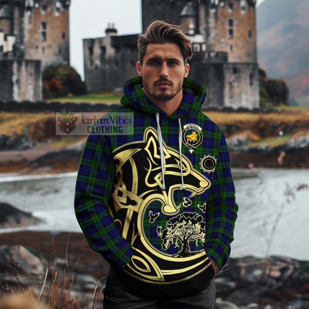 Tartan Vibes Clothing Campbell Tartan Cotton Hoodie with Family Crest Celtic Wolf Style