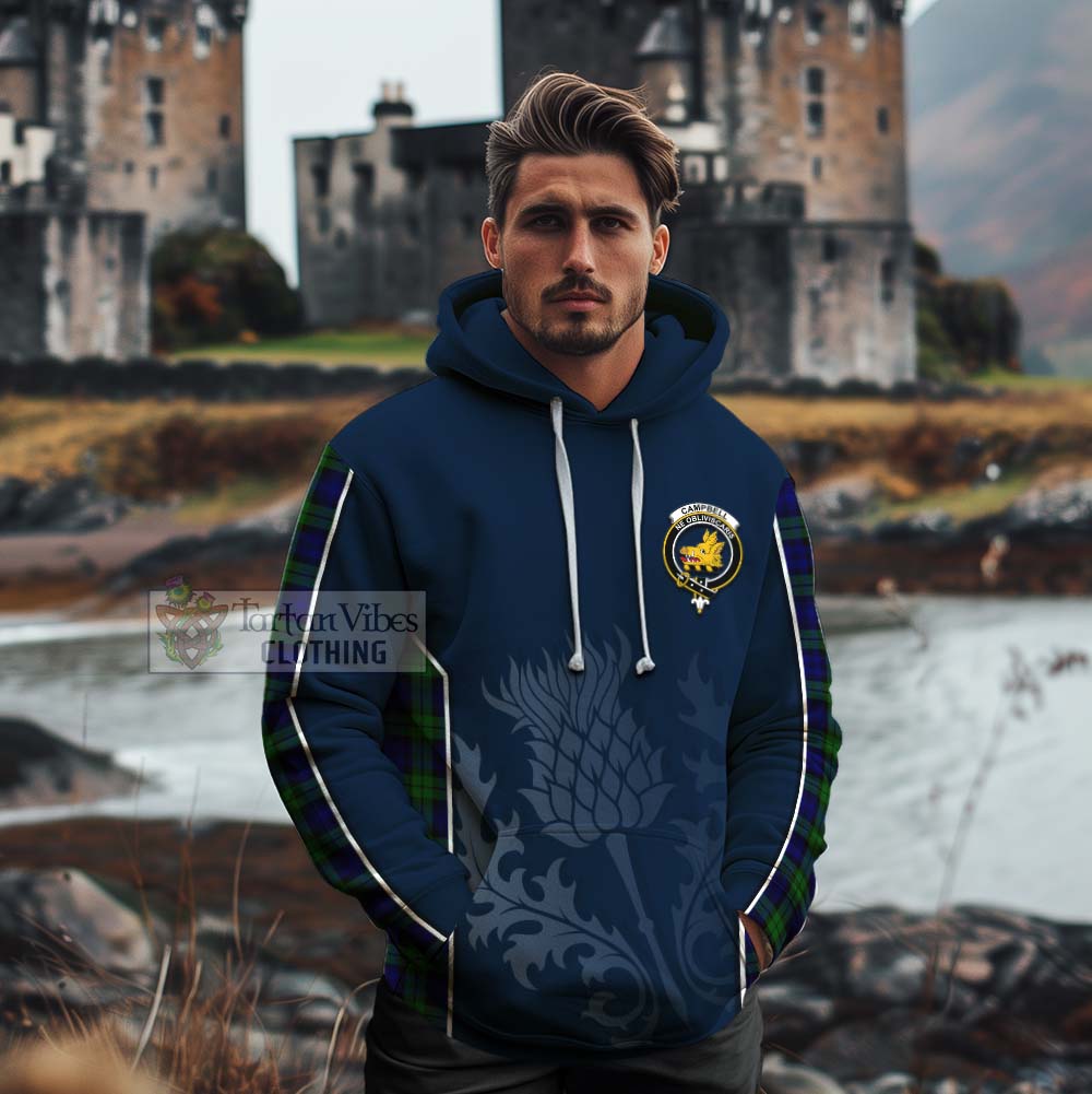 Tartan Vibes Clothing Campbell Tartan Cotton Hoodie with Family Crest and Scottish Thistle Vibes Sport Style