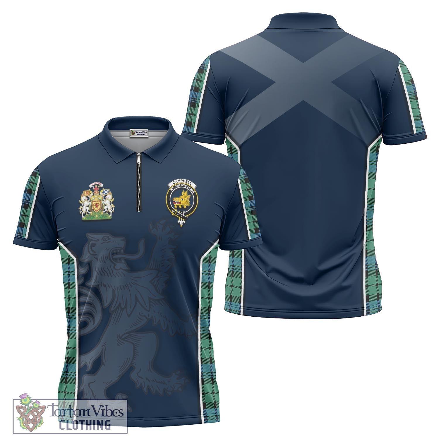 Tartan Vibes Clothing Campbell Ancient 01 Tartan Zipper Polo Shirt with Family Crest and Lion Rampant Vibes Sport Style