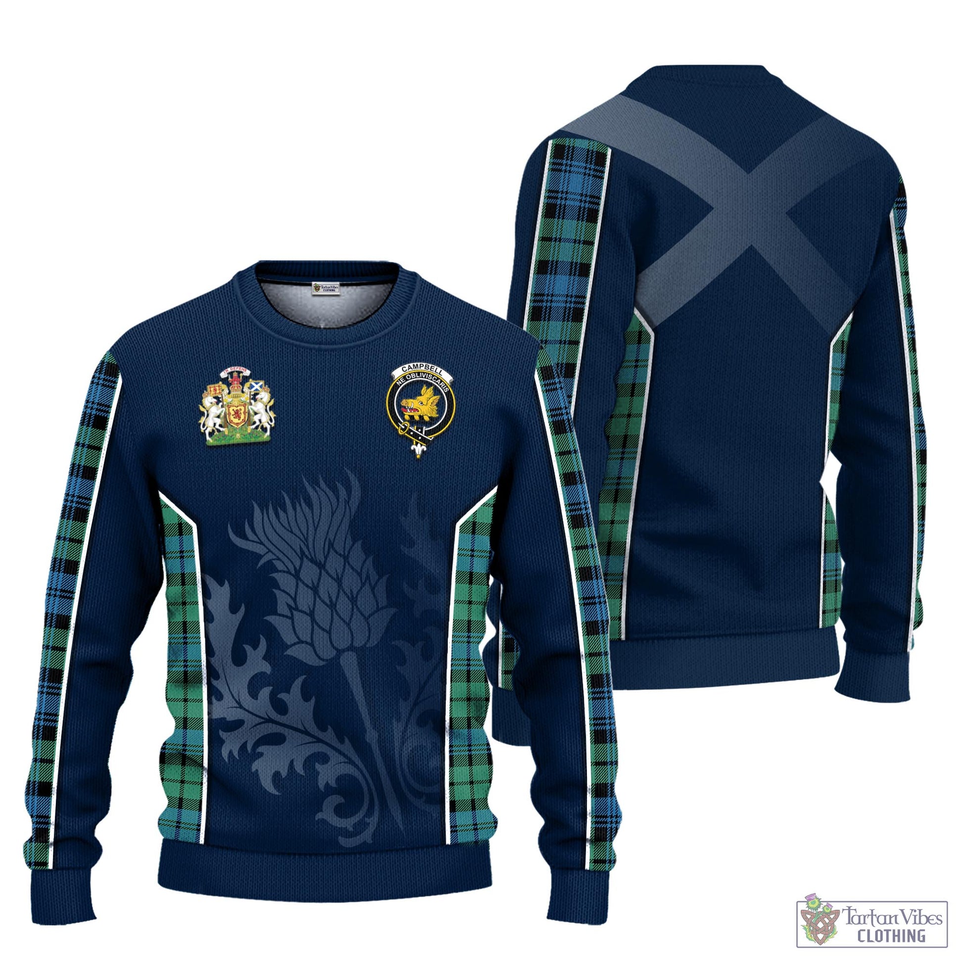 Tartan Vibes Clothing Campbell Ancient 01 Tartan Knitted Sweatshirt with Family Crest and Scottish Thistle Vibes Sport Style