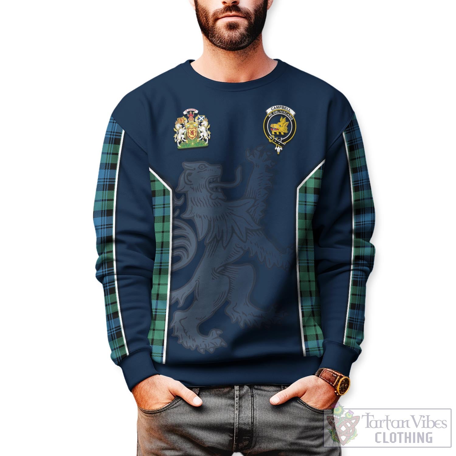 Tartan Vibes Clothing Campbell Ancient 01 Tartan Sweater with Family Crest and Lion Rampant Vibes Sport Style