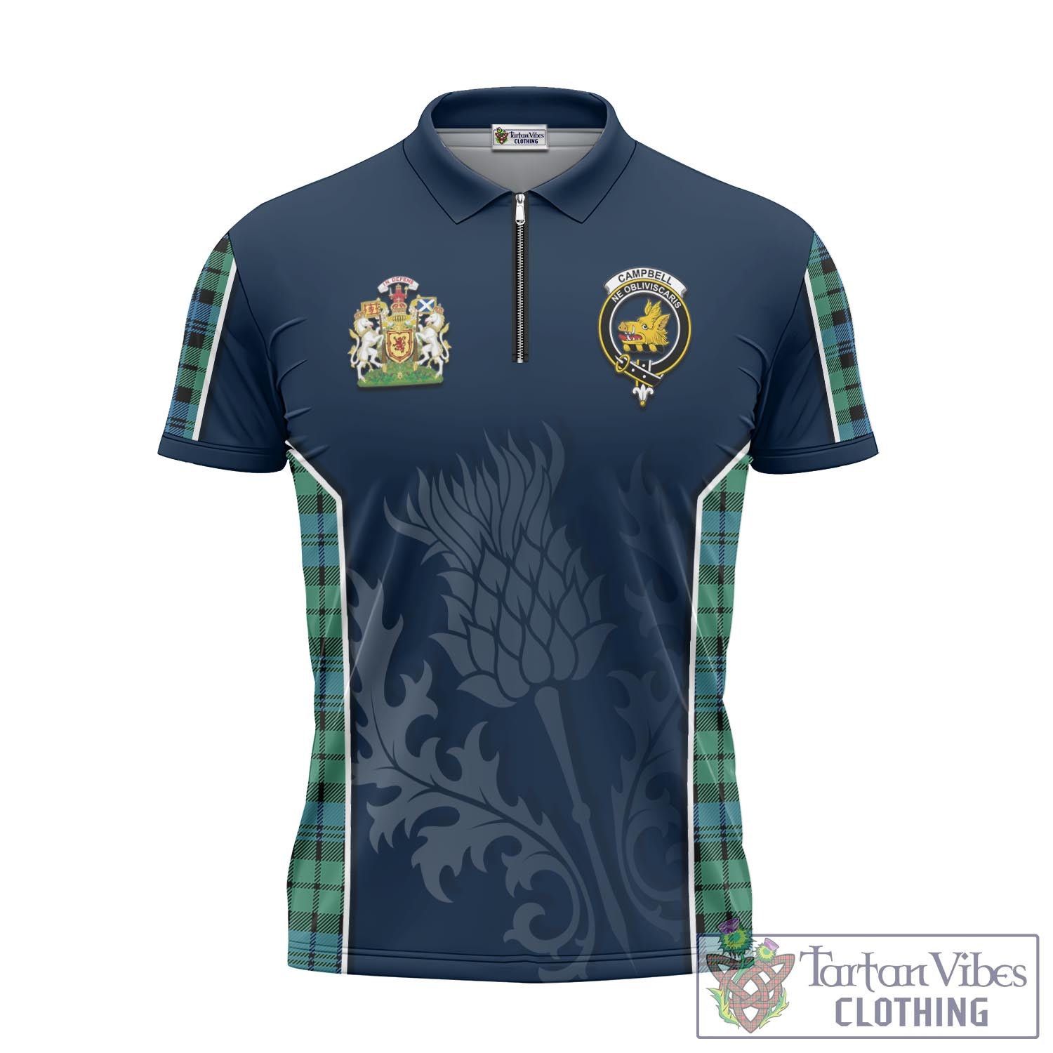 Tartan Vibes Clothing Campbell Ancient 01 Tartan Zipper Polo Shirt with Family Crest and Scottish Thistle Vibes Sport Style