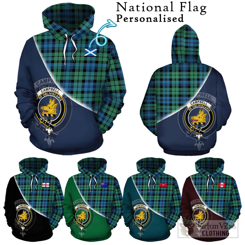 Campbell Ancient 01 Tartan Hoodie with Personalised National Flag and Family Crest Half Style Zip Hoodie - Tartanvibesclothing Shop