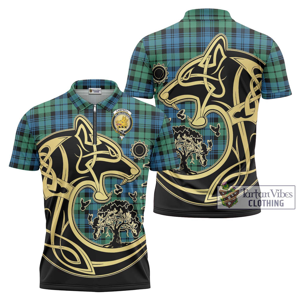 Campbell Ancient 01 Tartan Zipper Polo Shirt with Family Crest Celtic Wolf Style Unisex - Tartanvibesclothing Shop