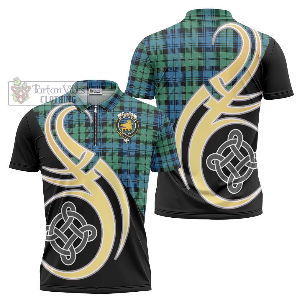 Tartan Vibes Clothing Campbell Ancient 01 Tartan Zipper Polo Shirt with Family Crest and Celtic Symbol Style