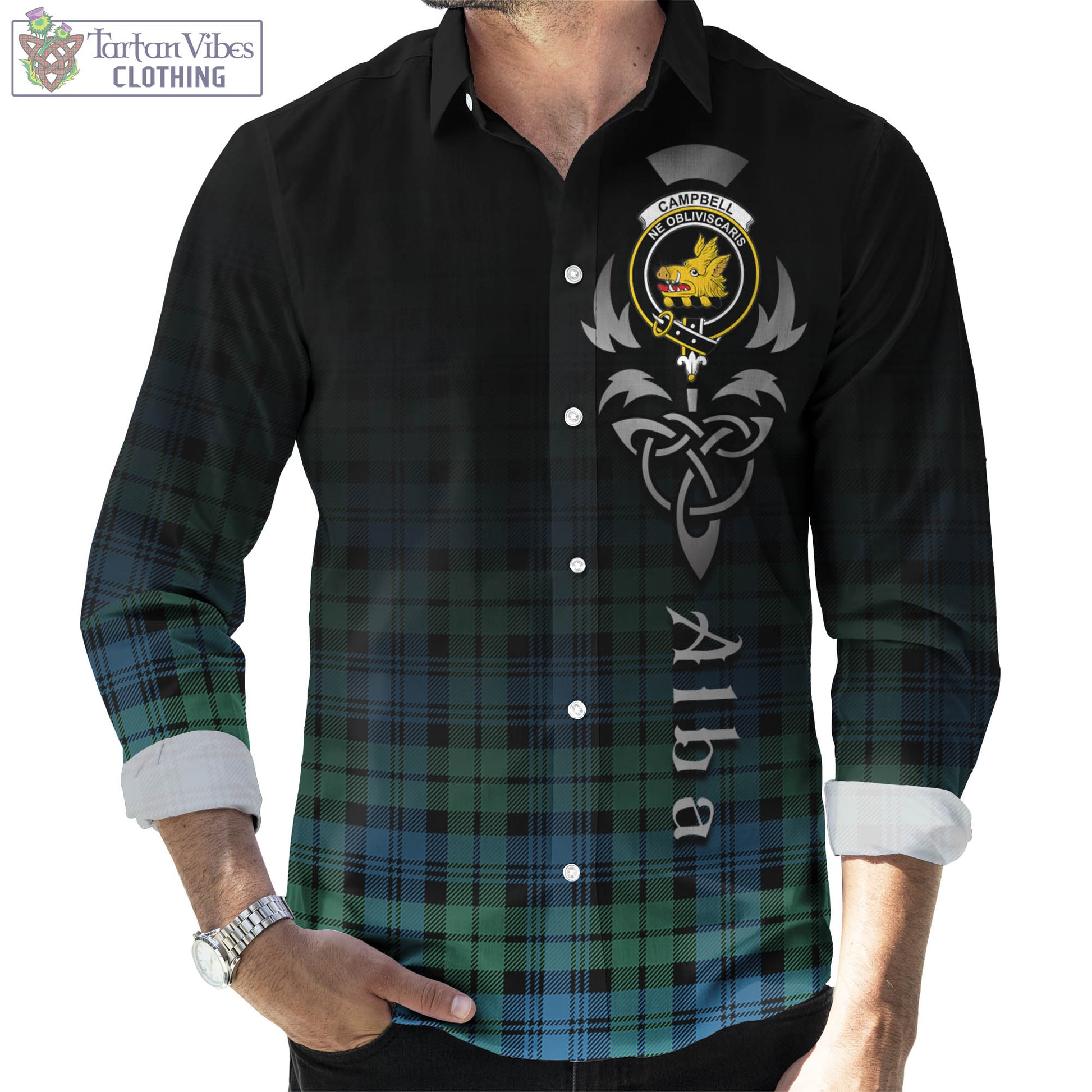 Tartan Vibes Clothing Campbell Ancient 01 Tartan Long Sleeve Button Up Featuring Alba Gu Brath Family Crest Celtic Inspired